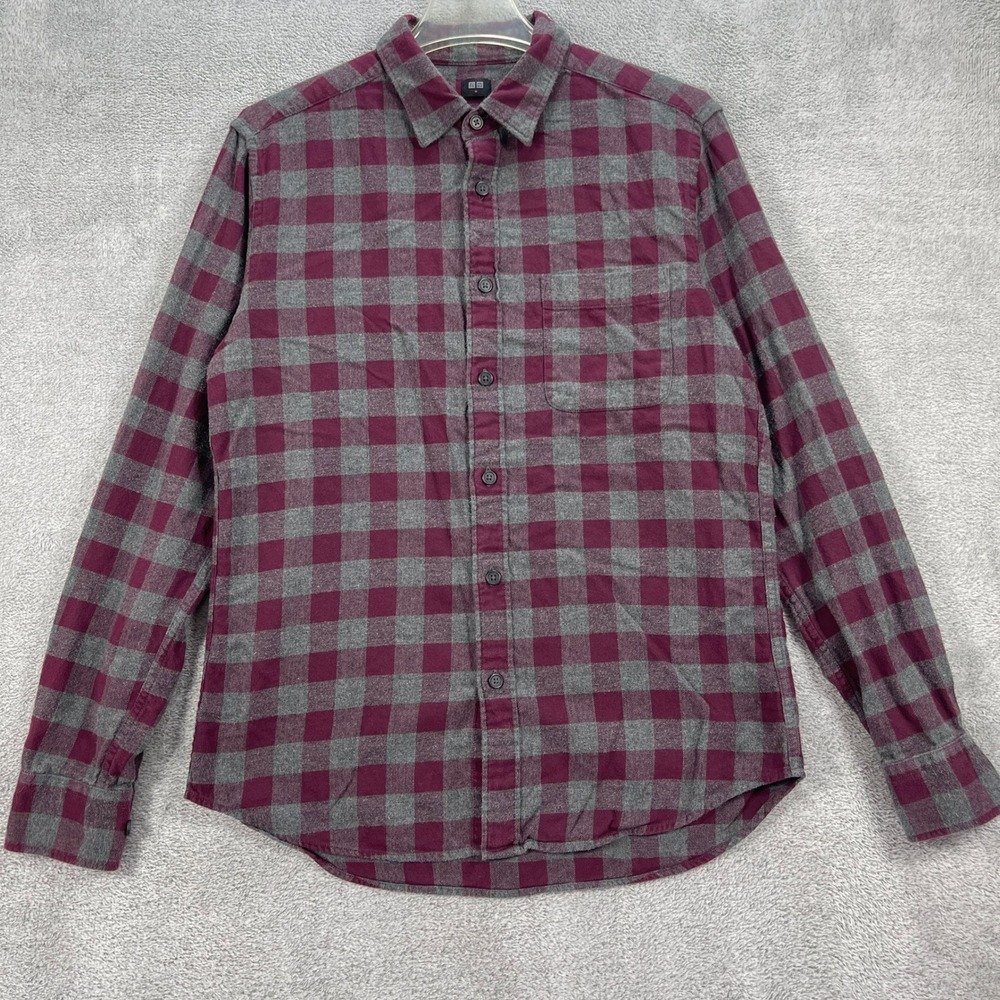 Uniqlo Flannel Shirt Men Medium Burgundy Gray Buffalo Plaid Button Down Cotton